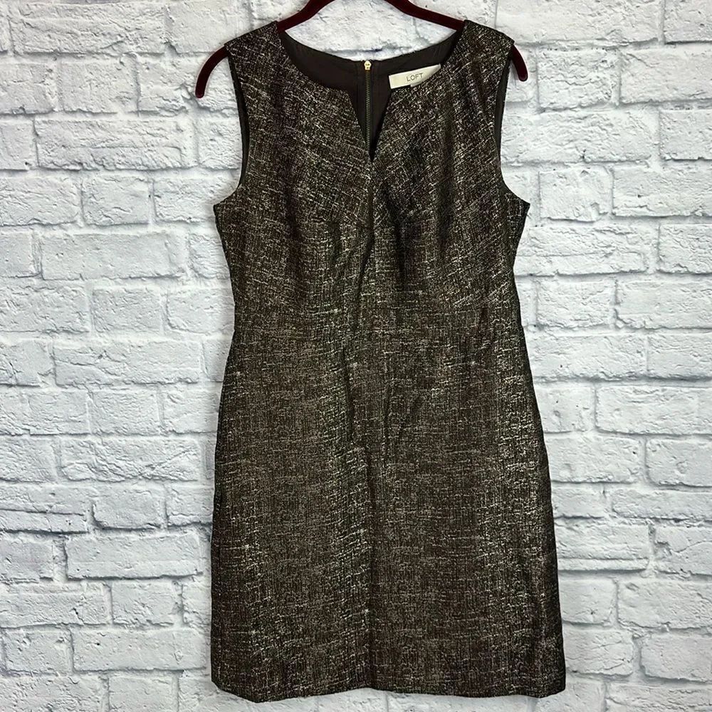 Loft Sheath Dress Size 6 Petites Brown Gold Metallic V Neck Exposed Zipper